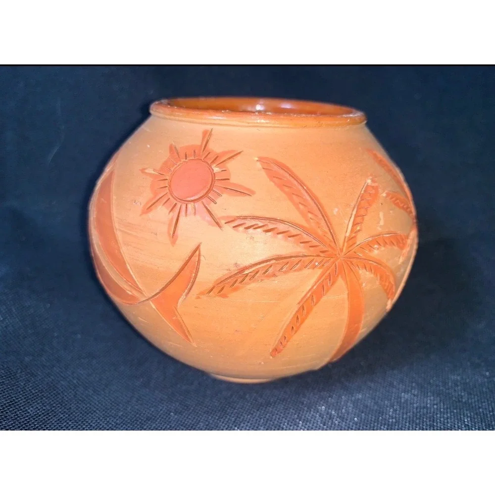 Hand Carved Terra Cotta Sgraffito Bud Vase Tropical Folk Art Bird Fish 3 inch